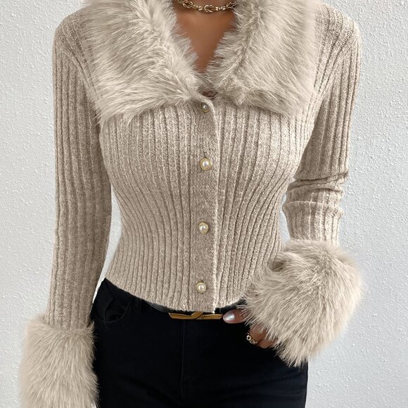 Apricot Elegant Women's Fuzzy Collar Ribbed Knit Cardigan - Picture 5 of 8